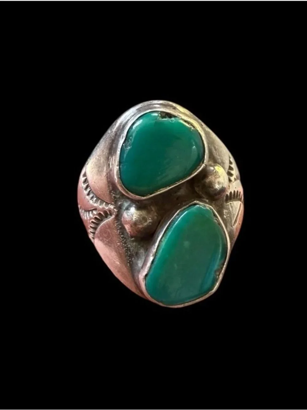 Kenneth Etsitty Navajo Sterling Silver Green Turquoise Ring Two Stone Etched